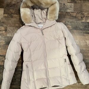 Calvin Klein Cream Puffer Jacket with Faux Fur Hood